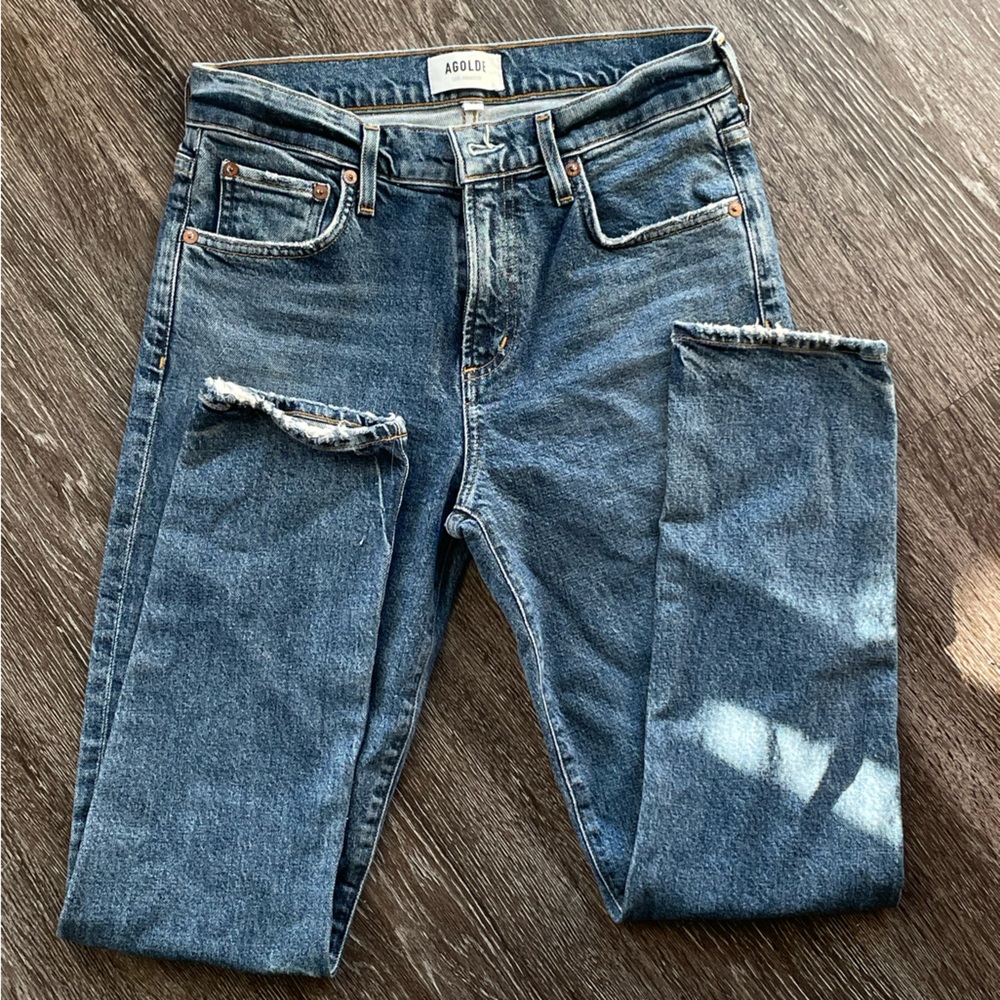 AGOLDE Toni Mid Rise Straight Denim Jeans Sz 26 EUC Medium Wash Blue - Picture 2 of 15